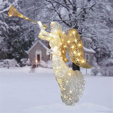 christmas outdoor lighted angel gold silver lighted angel  trumpet