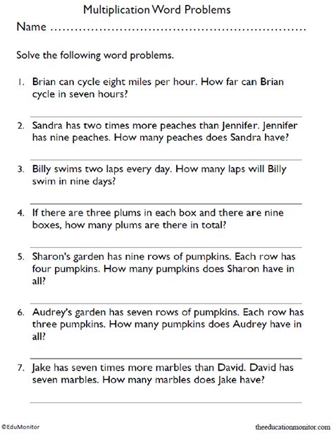 grade  word problems multiplication worksheets edumonitor