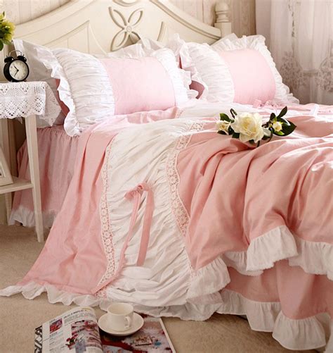 Ruffle Lace Edge Pink Bed Set Girls Twin Full Queen King Luxury