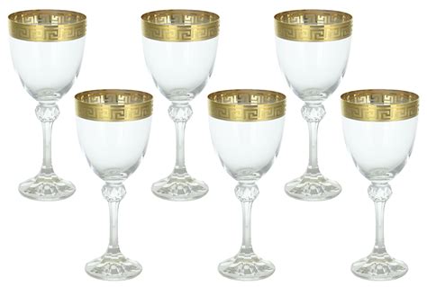 Handmade Italian Crystal Glass Set Of 6 Gold Rim Engraved Wine Glass
