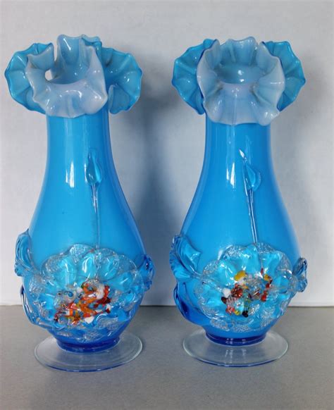 rare vintage pair  blue stevens williams hand blown vases  ruffle tops hand blown vases