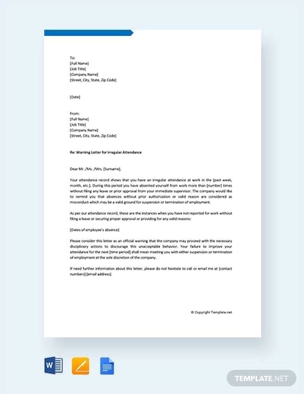 attendance warning letter template  word  format