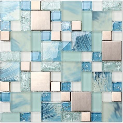 Blue Glass Mosaic Sheets Stainless Steel Backsplash Crackle Crystal