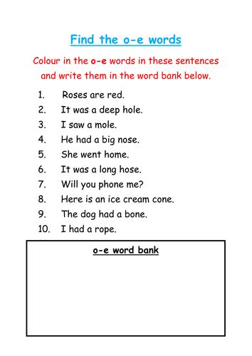 find and colour the o e words teaching resources