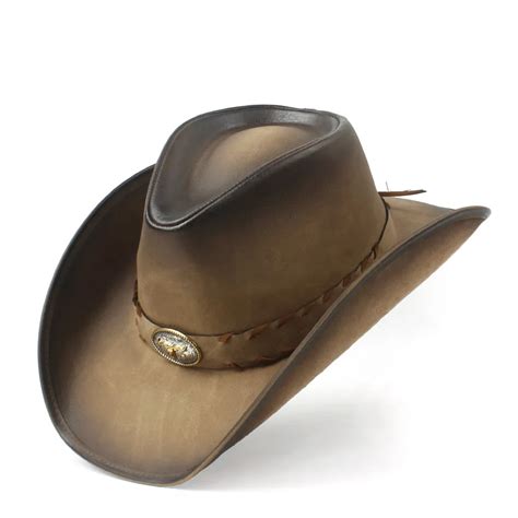 leather men western cowboy hat  gentleman dad fedora sombrero
