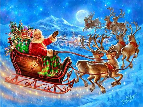 santa claus coming  town riding  reindeer sleigh flying  sky