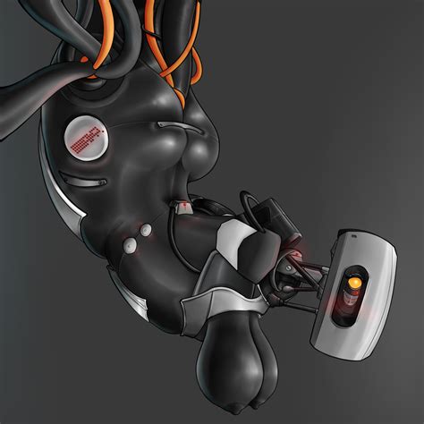 rule 34 armor ass big breasts big butt blush breasts female glados grey background humanoid