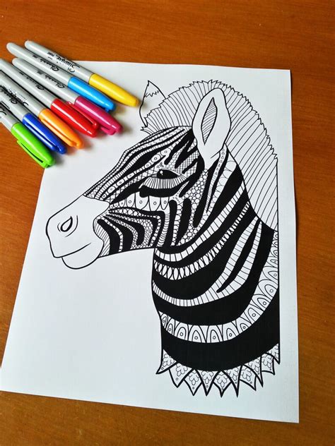 adult zentangle coloring sheet zebra etsy