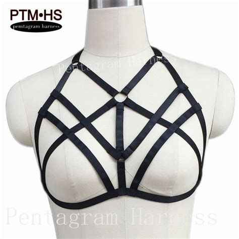 pentagram harness women body cage halter harness bra goth black