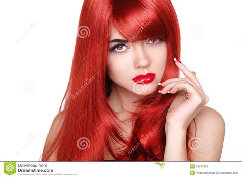 long red hair fashion beautiful girl with makeup glossy wavy h stock