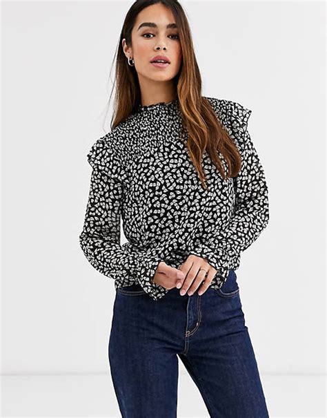 warehouse little leaf high neck ruffle smock blouse in floral print asos