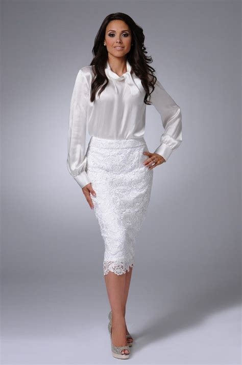 white pencil skirt white satin blouse and beige high heels