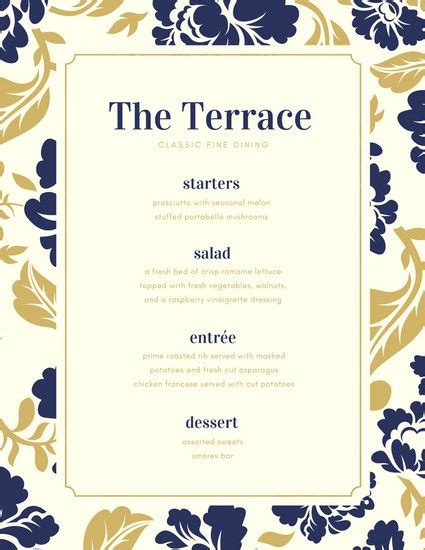 navy blue gold floral fancy dinner menu templatescanva pertaining