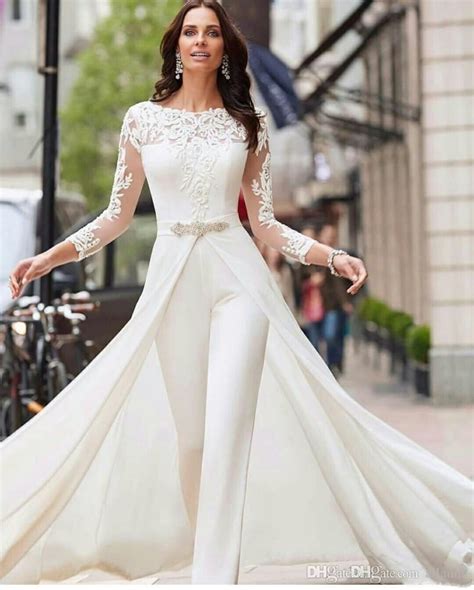 Discount 2020 Sexy Long Sleeve White Jumpsuits Wedding Dresses Lace