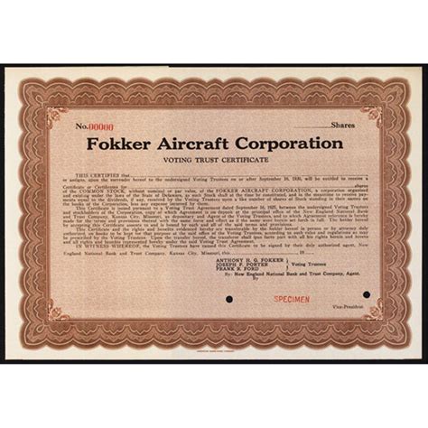 fokker aircraft corp voting trust certificate specimen