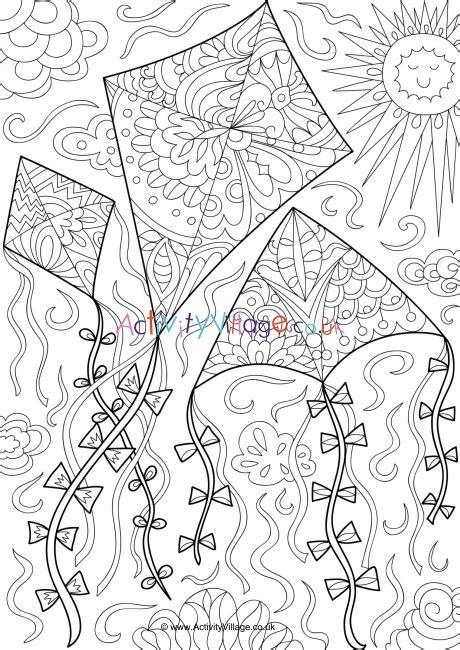 kites doodle colouring page