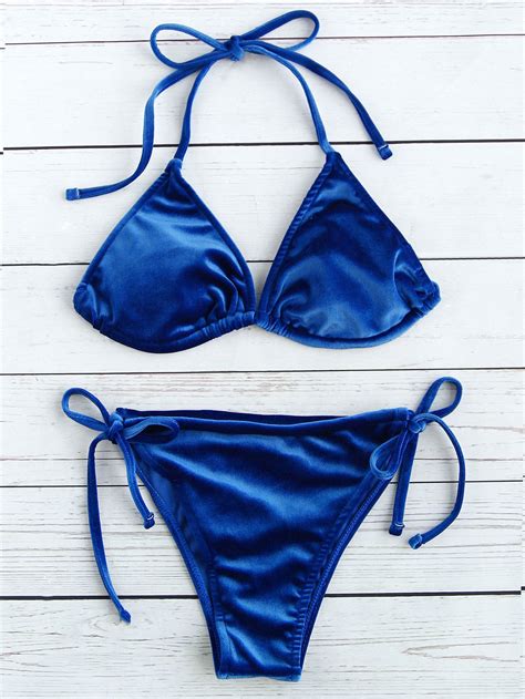 Shop Blue Bow Tie Velvet Triangle Bikini Set Online Shein Offers Blue