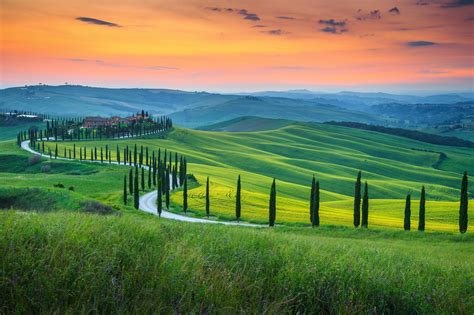 famous tuscany landscape  curved road  cypress italy europe