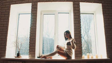 women model brunette sweater window bottomless