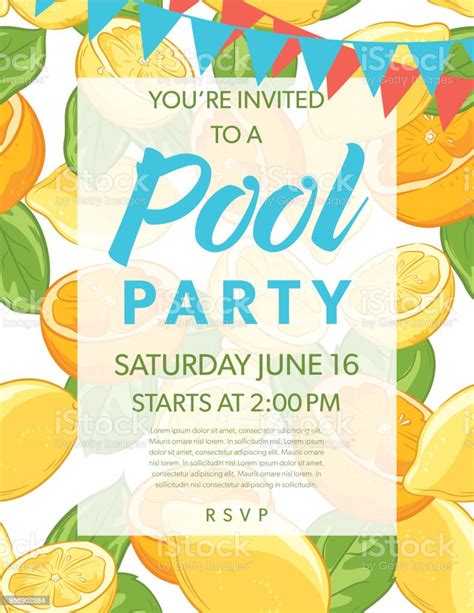 Summer Pool Party Invitation Template With Lemons And Oranges Stock
