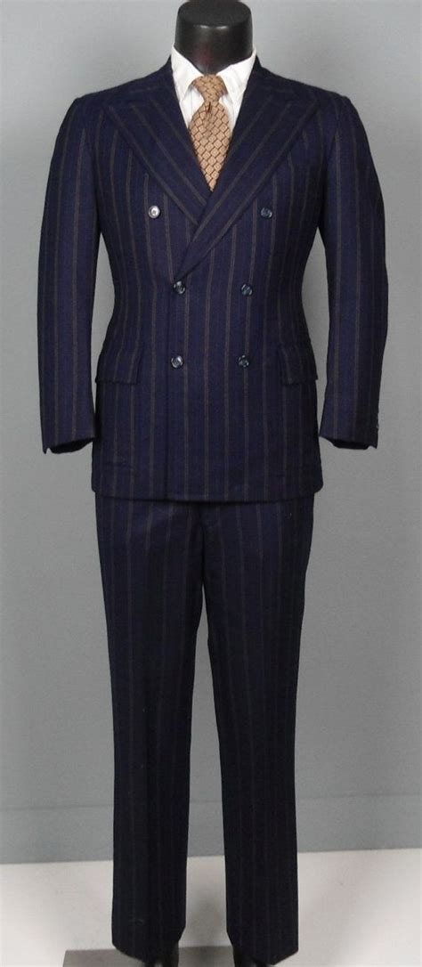 vintage mens suits  double pinstripe navy wool double breasted suit   vintage suit