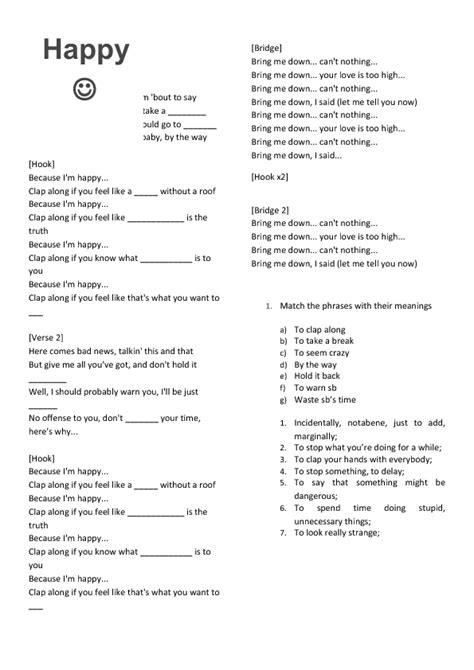 song worksheet happy by pharrell williams esl songs