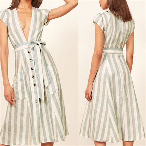 boho ladies sex linen stripe midi dresses with pocket