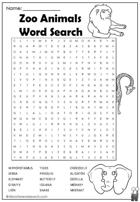 zoo animals word search monster word search