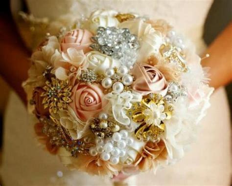 romantic fabric flower and brooch bouquet ivory peach