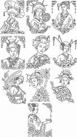 Embroidery Designs Geisha Advanced Oriental Redwork Set sketch template