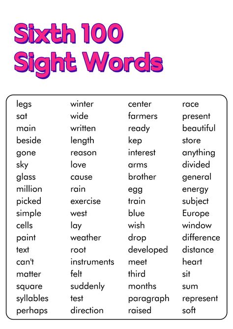 sight words   grade printable list printable sight words list