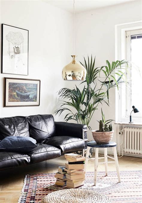 decorate  living room   black leather sofa
