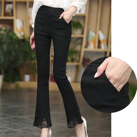 arfreeker fashion womens slim flare pants wide solid leg long elastic cloth trousers black lace