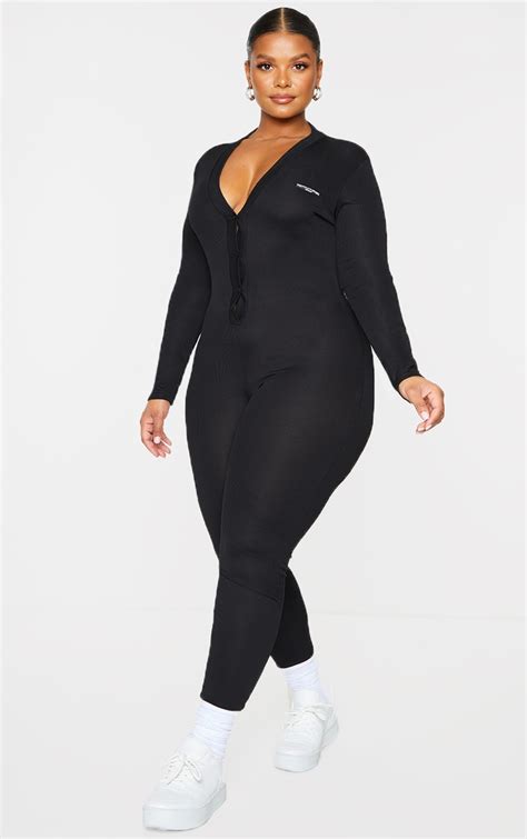 Plt Plus Black Ribbed Button Up Jumpsuit Prettylittlething