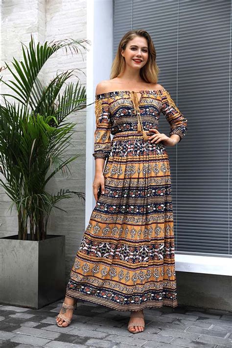 Summer Floral Print Slash Neck Boho Maxi Dress Power Day Sale