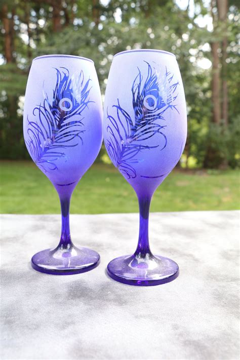 Large Peacock Feathers Etched Stemmed Or Stemless Wine