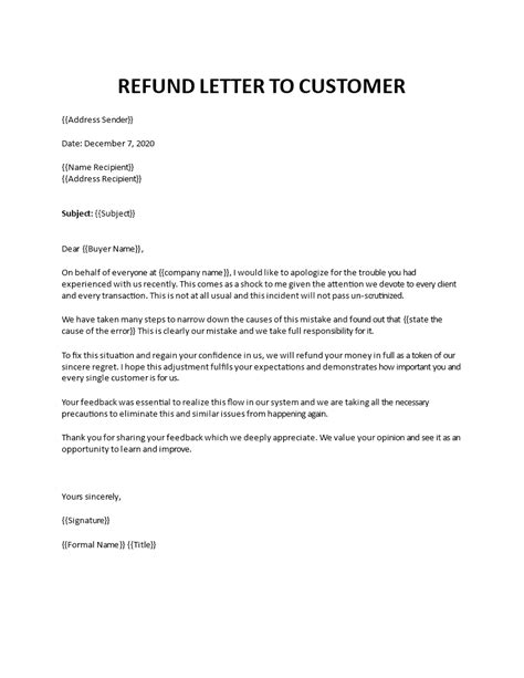 refund letter  customer template    letter template