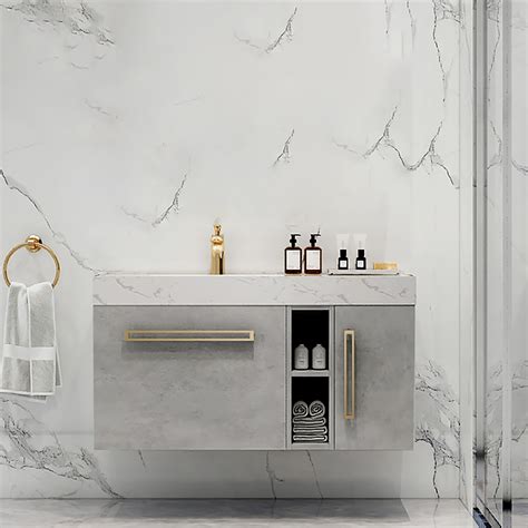 gray floating bathroom vanity single sink  faux marble top