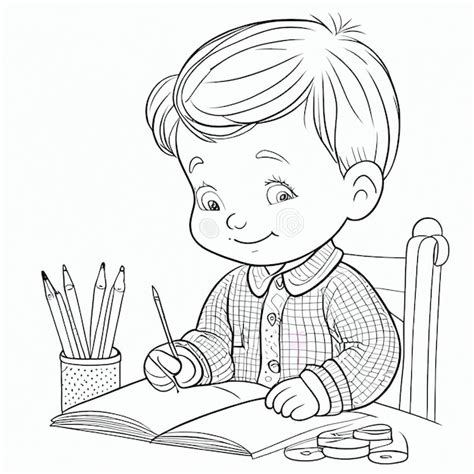 premium photo coloring page   boy writing  book  pencils