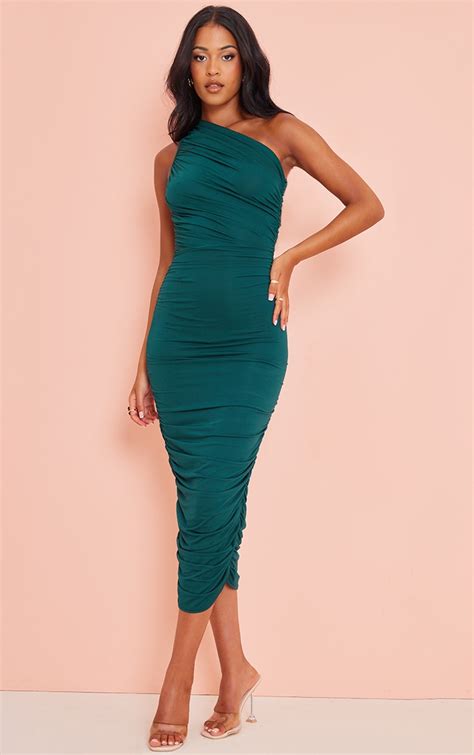 tall emerald green one shoulder longline dress prettylittlething aus