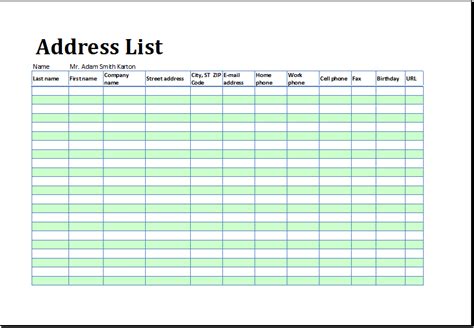 printable address listbook template  ms excel excel templates