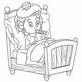 Cartoon Girl Sick Bed Lying Coloring Fever Ill Clip Illustrations Vector sketch template