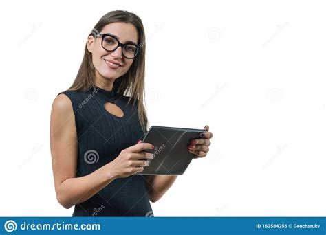 portrait of business woman in glasses black dress with
