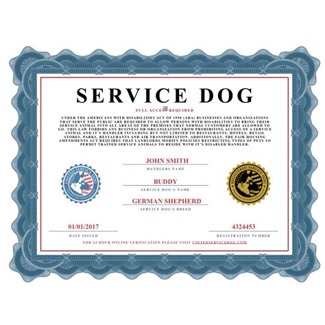 service dog certificate printable documents