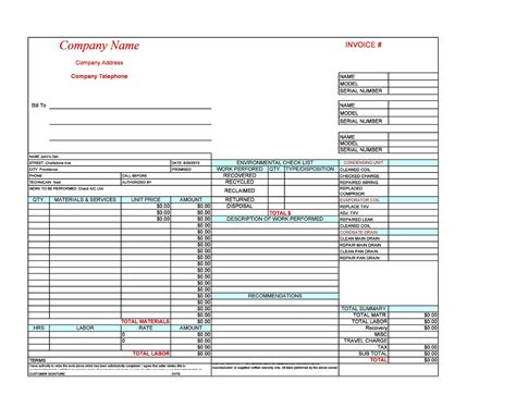 sample hvac repair service invoice template