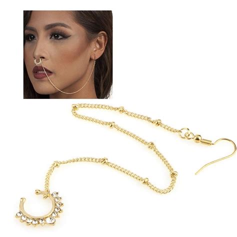 1 Pc Unique Design Hollow Fake Nose Rings With Chain Fashion Ear Chain