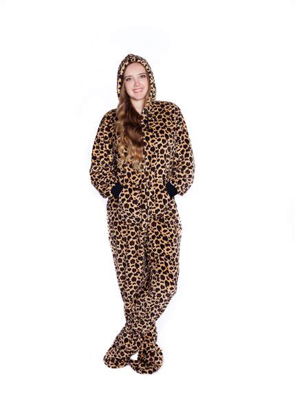 Plush Adult Footed Pajamas With Hood In Leopard Print Adult Footed