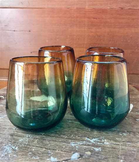 Hand Blown Recycled Glass Stemless Wine Glasses Set Of 4 Etsy