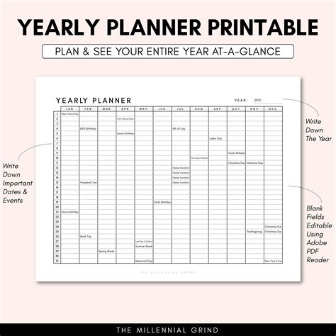 yearly planner printable yearly planner  template yearly planner