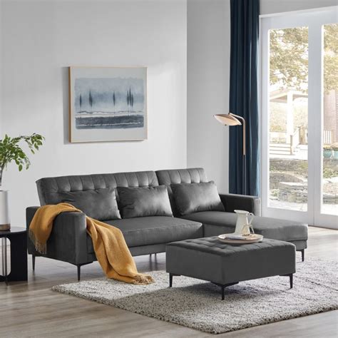 86 inch small sectional sleeper sofa grey upholstery couch with chaise